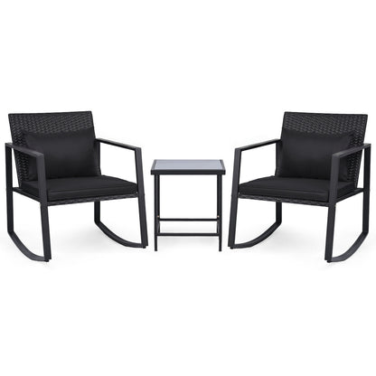 3-Piece Rocking Bistro Set with Cushions & Glass Table
