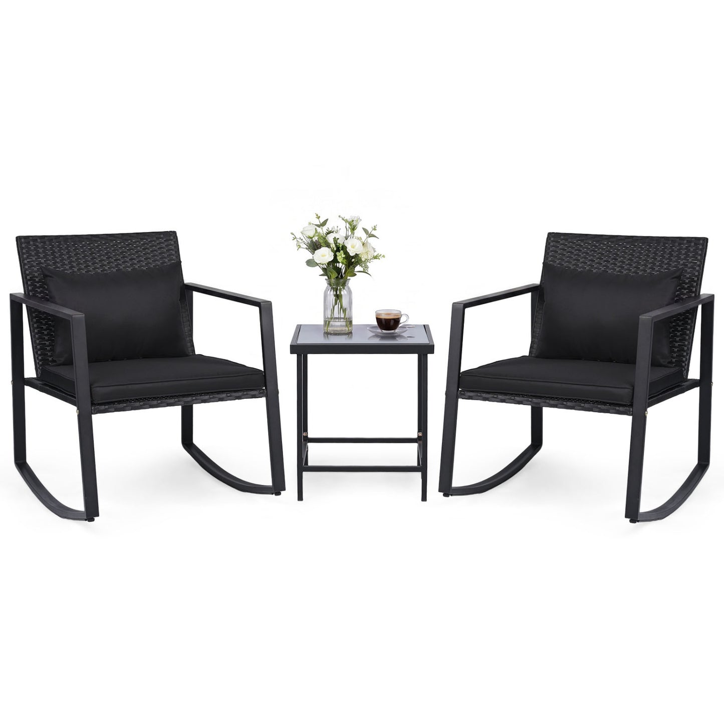 3-Piece Rocking Bistro Set with Cushions & Glass Table