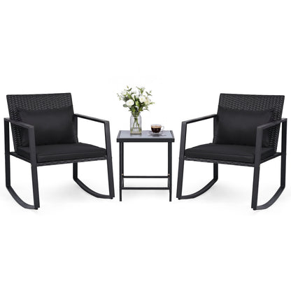 3-Piece Rocking Bistro Set with Cushions & Glass Table