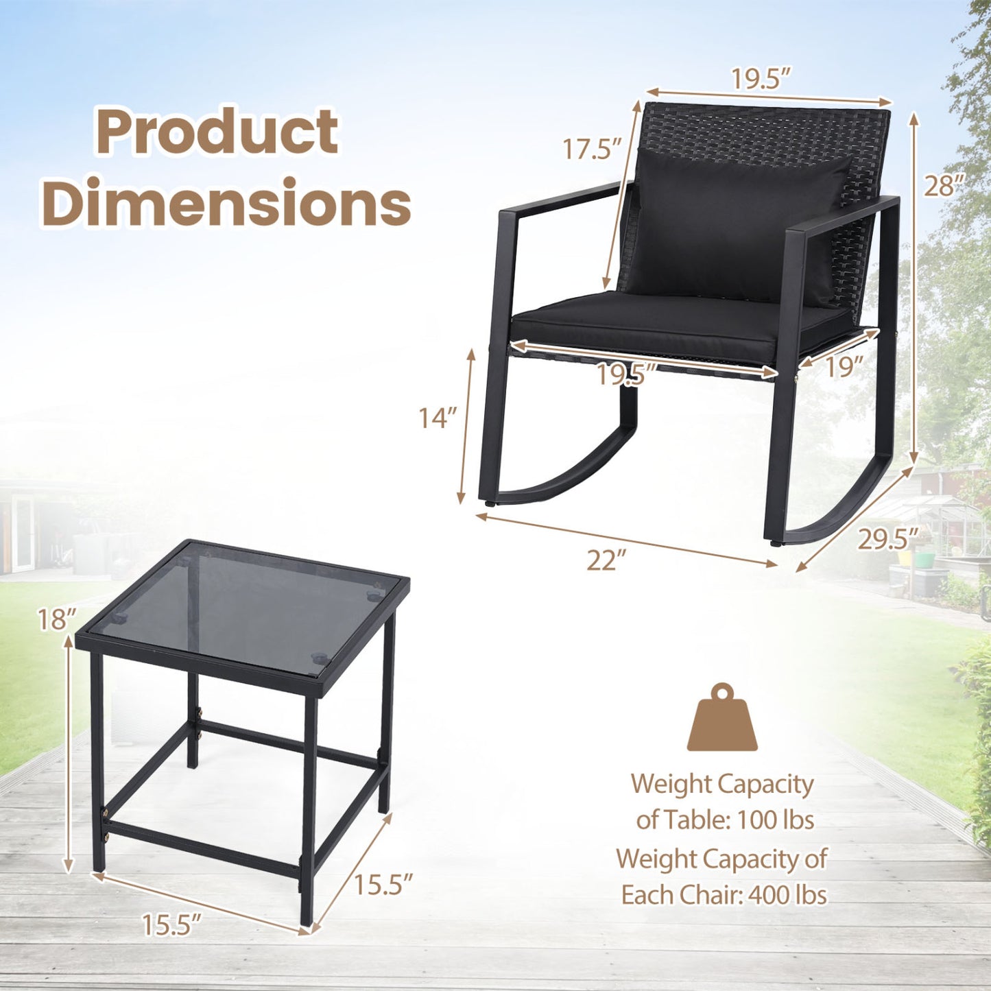 3-Piece Rocking Bistro Set with Cushions & Glass Table