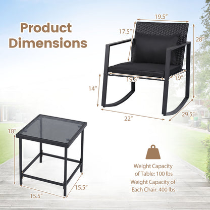3-Piece Rocking Bistro Set with Cushions & Glass Table