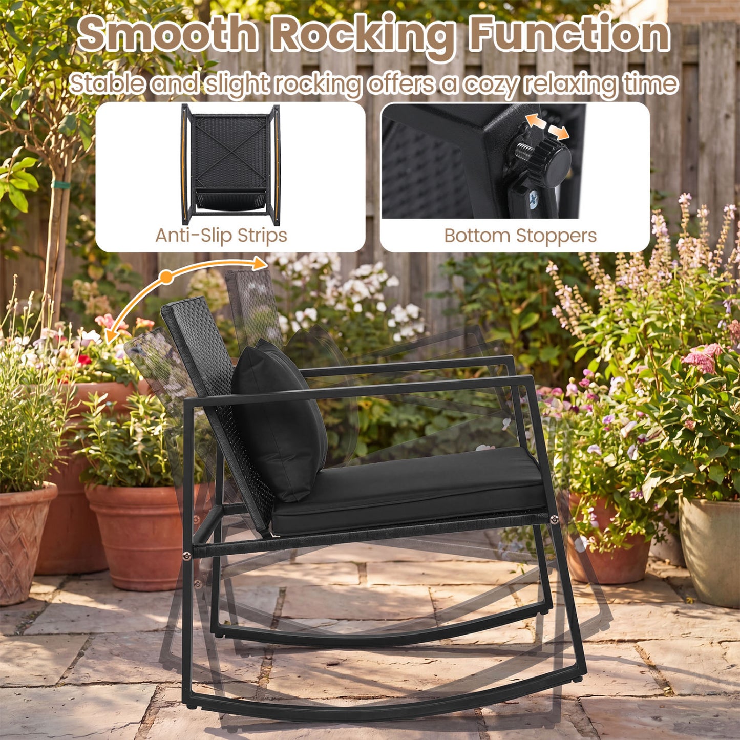 3-Piece Rocking Bistro Set with Cushions & Glass Table