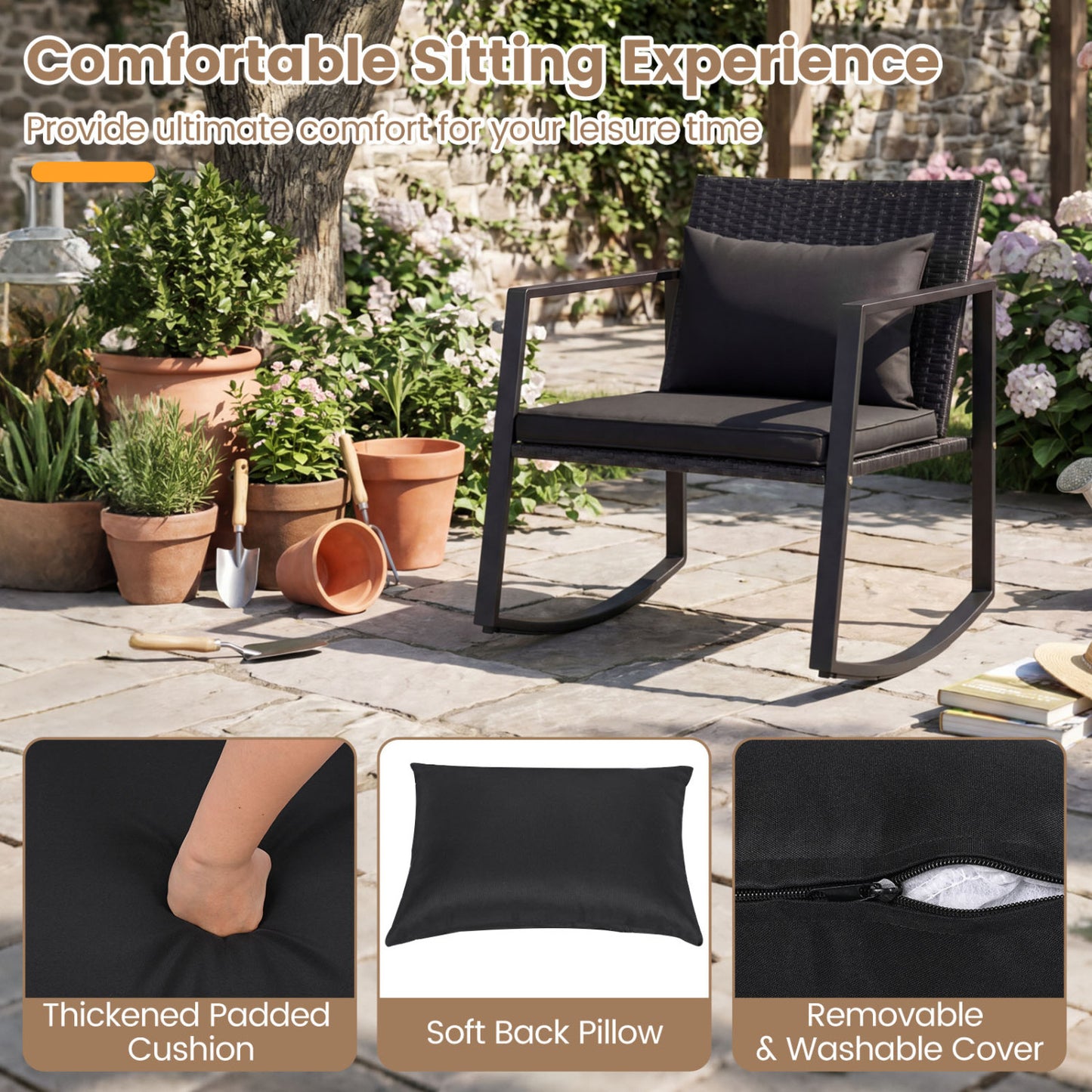 3-Piece Rocking Bistro Set with Cushions & Glass Table