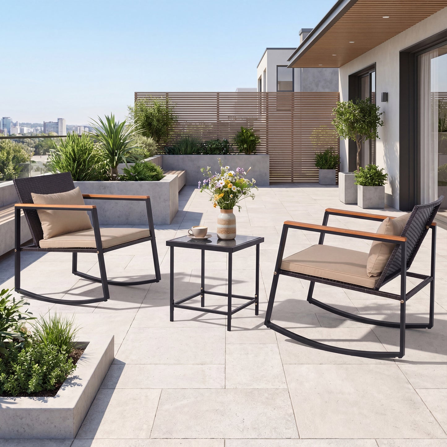 3-Piece Rocking Bistro Set with Cushions & Glass Table