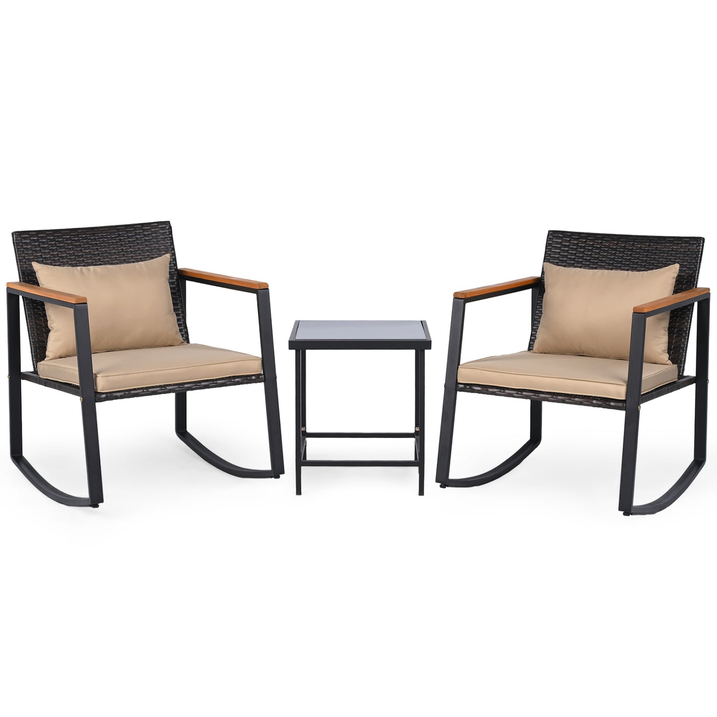 3-Piece Rocking Bistro Set with Cushions & Glass Table