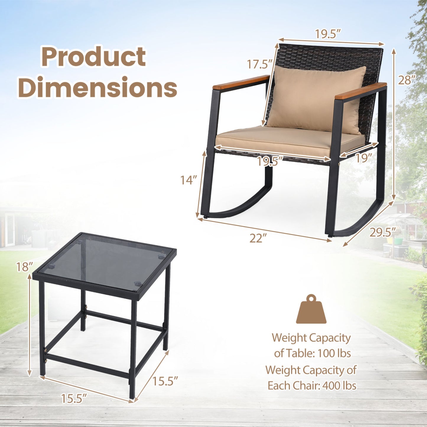 3-Piece Rocking Bistro Set with Cushions & Glass Table