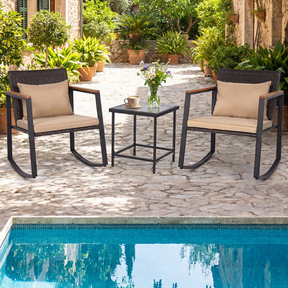 3-Piece Rocking Bistro Set with Cushions & Glass Table