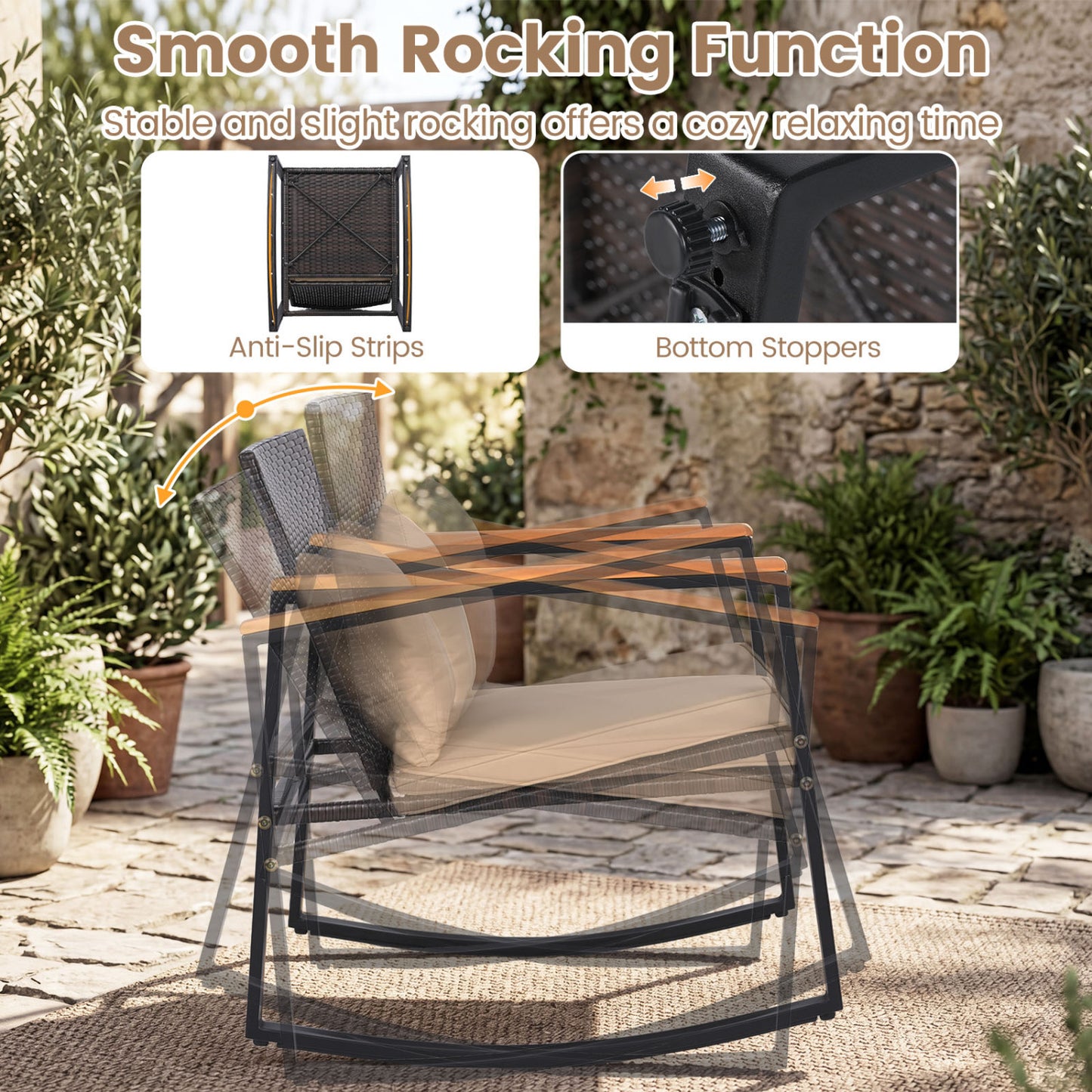 3-Piece Rocking Bistro Set with Cushions & Glass Table