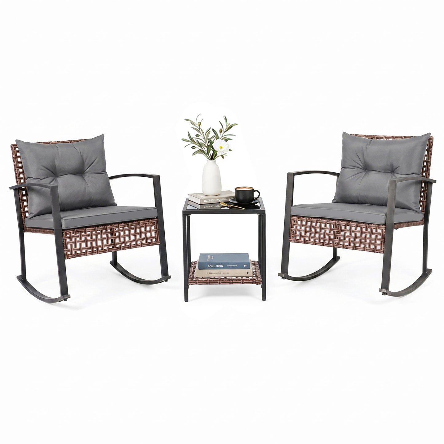 3-Piece Rocking Chair Patio Set with Glass Coffee Table