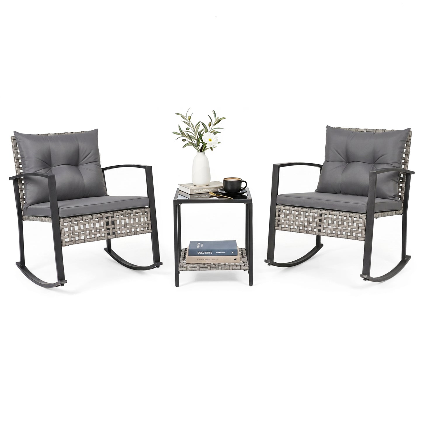 3-Piece Outdoor Rocking Chair Set with Coffee Table - Gray