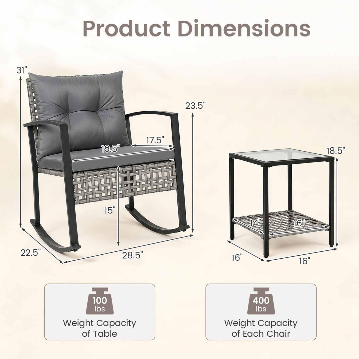 3-Piece Outdoor Rocking Chair Set with Coffee Table - Gray