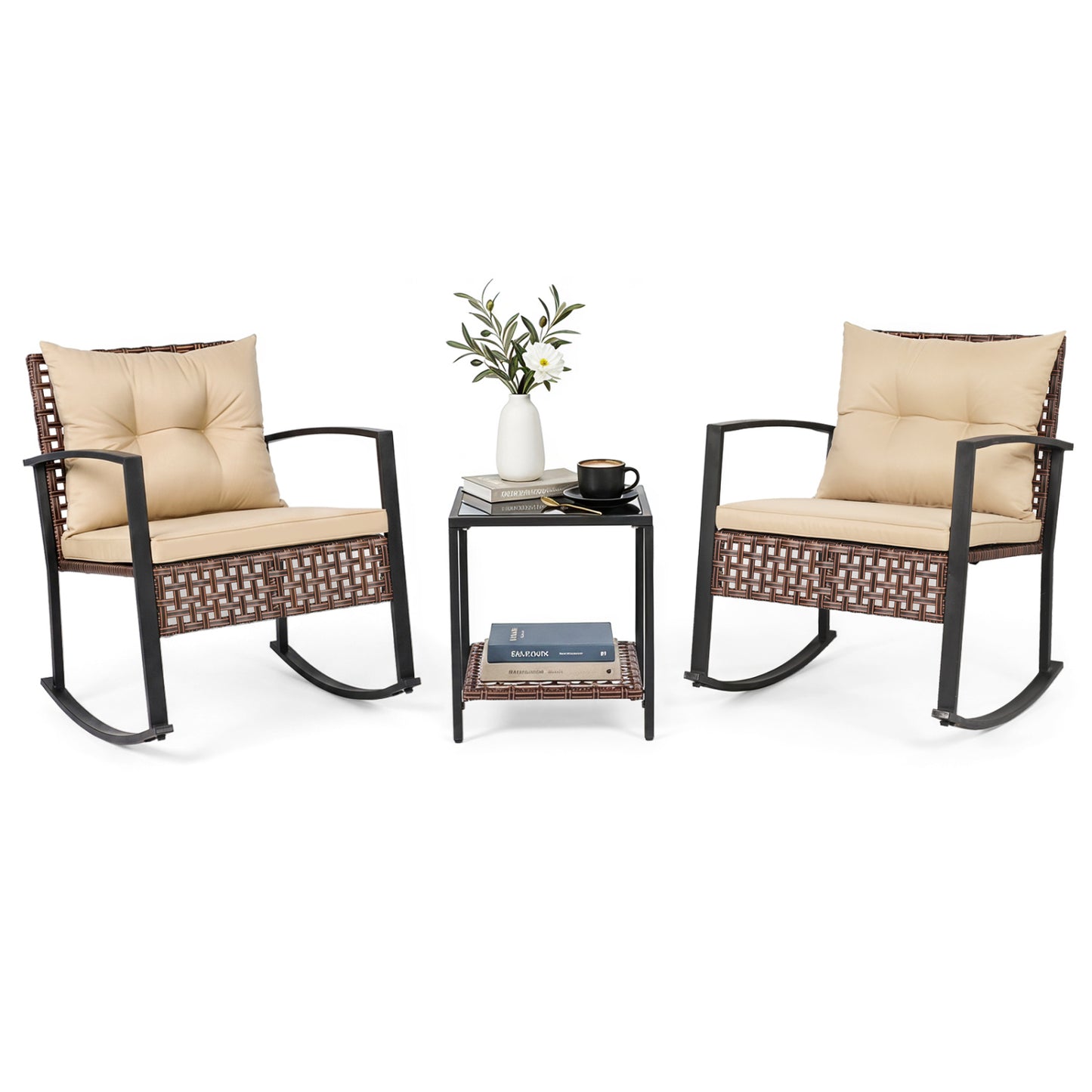 3-Piece Rocking Chair Patio Set with Glass Coffee Table