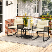 3 Piece Outdoor PE Rattan Rocking Bistro Set with 2-Tier Coffee Table-Black