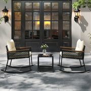 3 Piece Outdoor PE Rattan Rocking Bistro Set with 2-Tier Coffee Table-Black