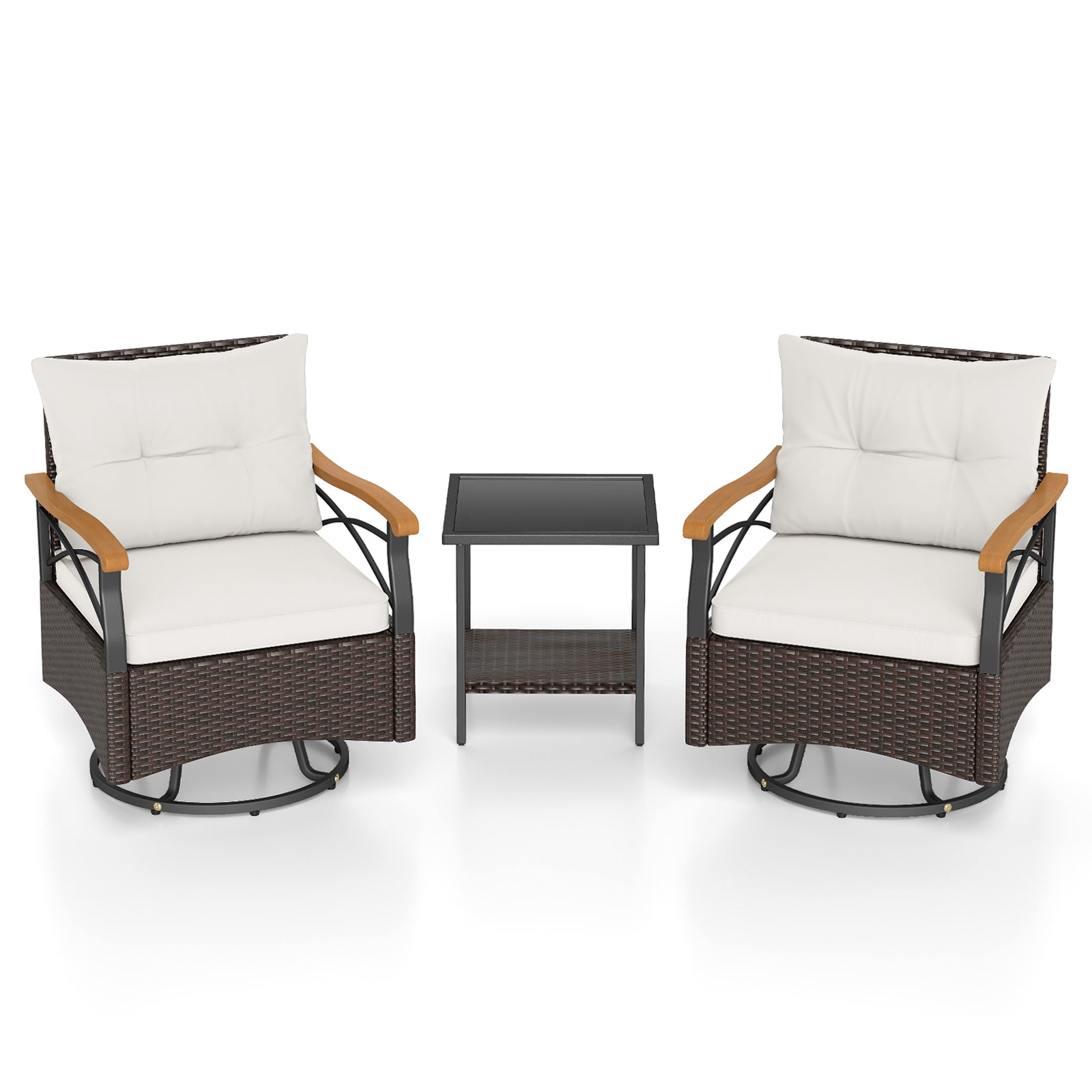 3 Piece Outdoor Swivel Chair Set with Tempered Glass Side Table-White