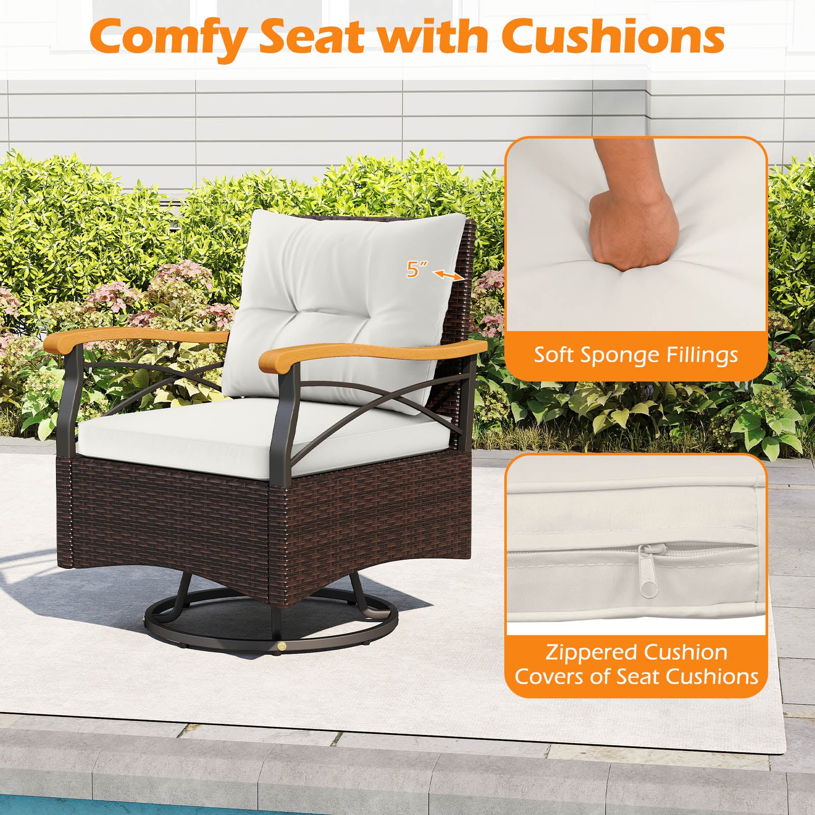 3 Piece Outdoor Swivel Chair Set with Tempered Glass Side Table-White