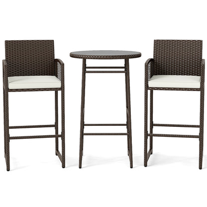 3 Piece Patio Bar Set Outdoor Wicker Bar Height Table and Armchairs-White