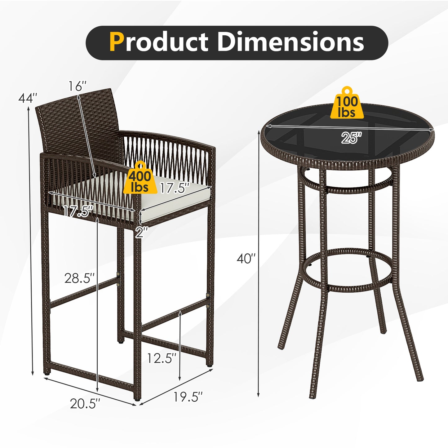 3 Piece Patio Bar Set Outdoor Wicker Bar Height Round Table and Armchairs-White