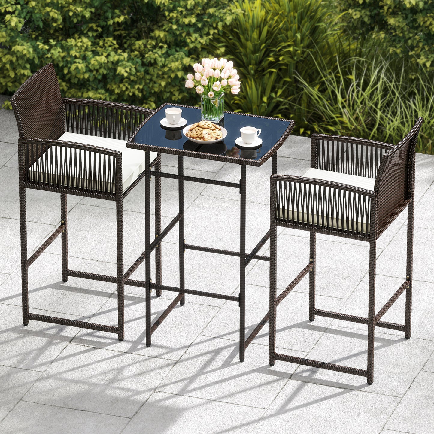 3 Piece Patio Bar Set Outdoor Wicker Bar Height Table and Armchairs with 2 Seat Cushions-White