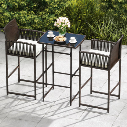 3 Piece Patio Bar Set Outdoor Wicker Bar Height Table and Armchairs with 2 Seat Cushions-White