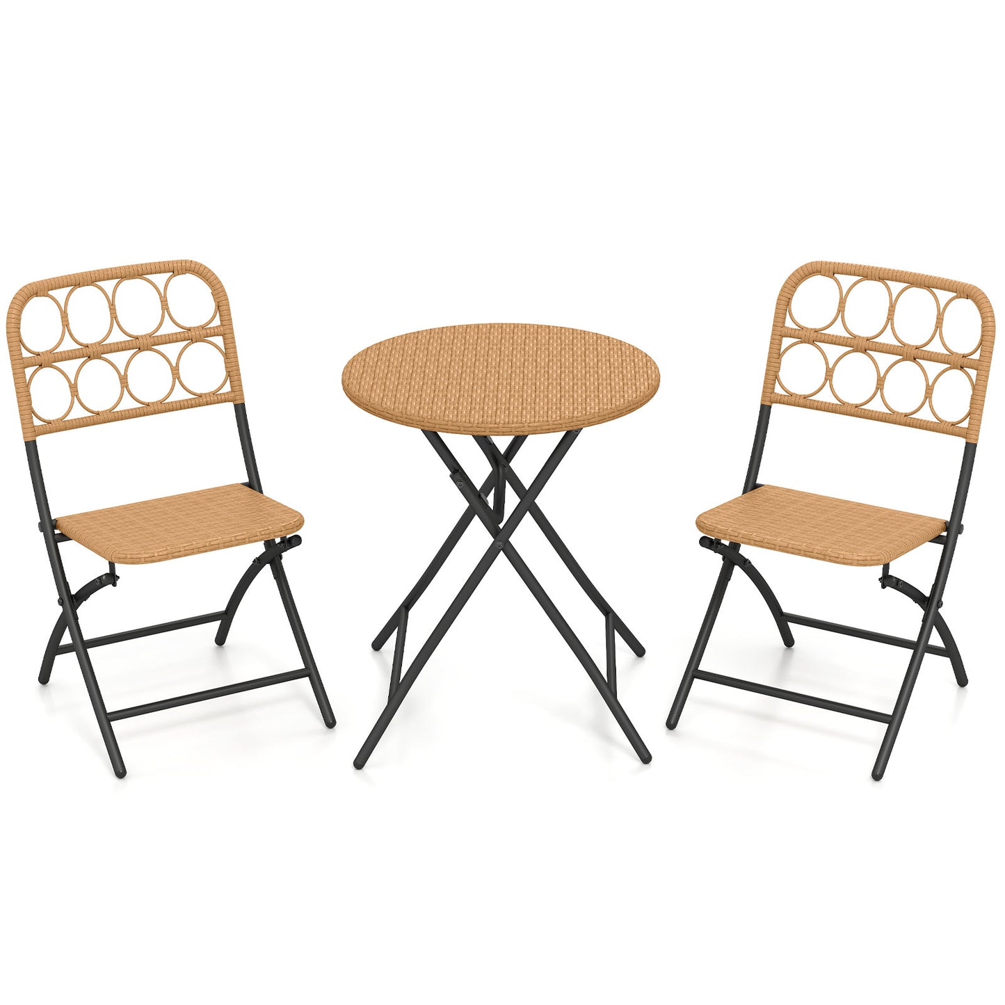 3 Piece Patio Bistro Set Folding Round Table and Chairs with Wicker Seat