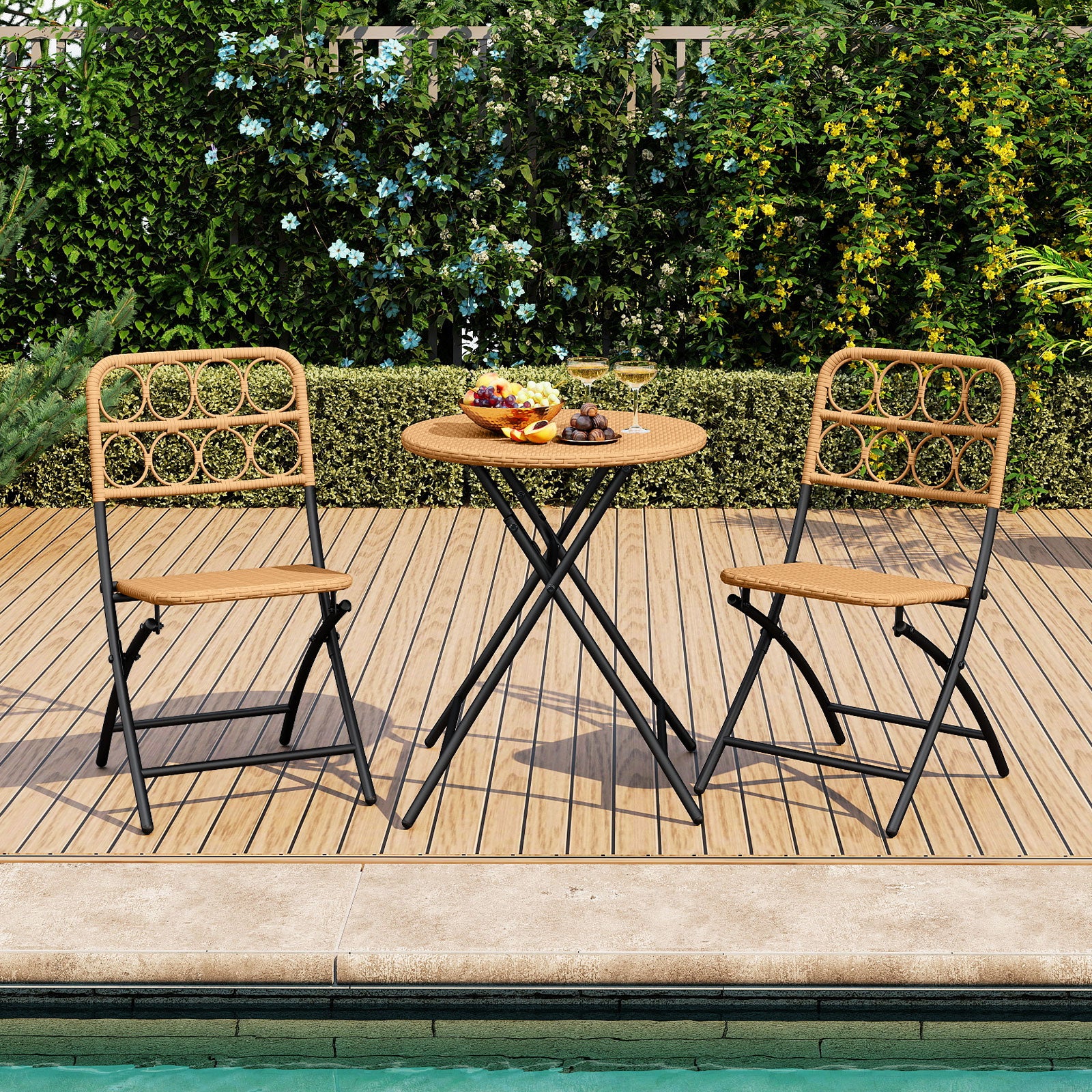 3 Piece Patio Bistro Set Folding Round Table and Chairs with Wicker Seat