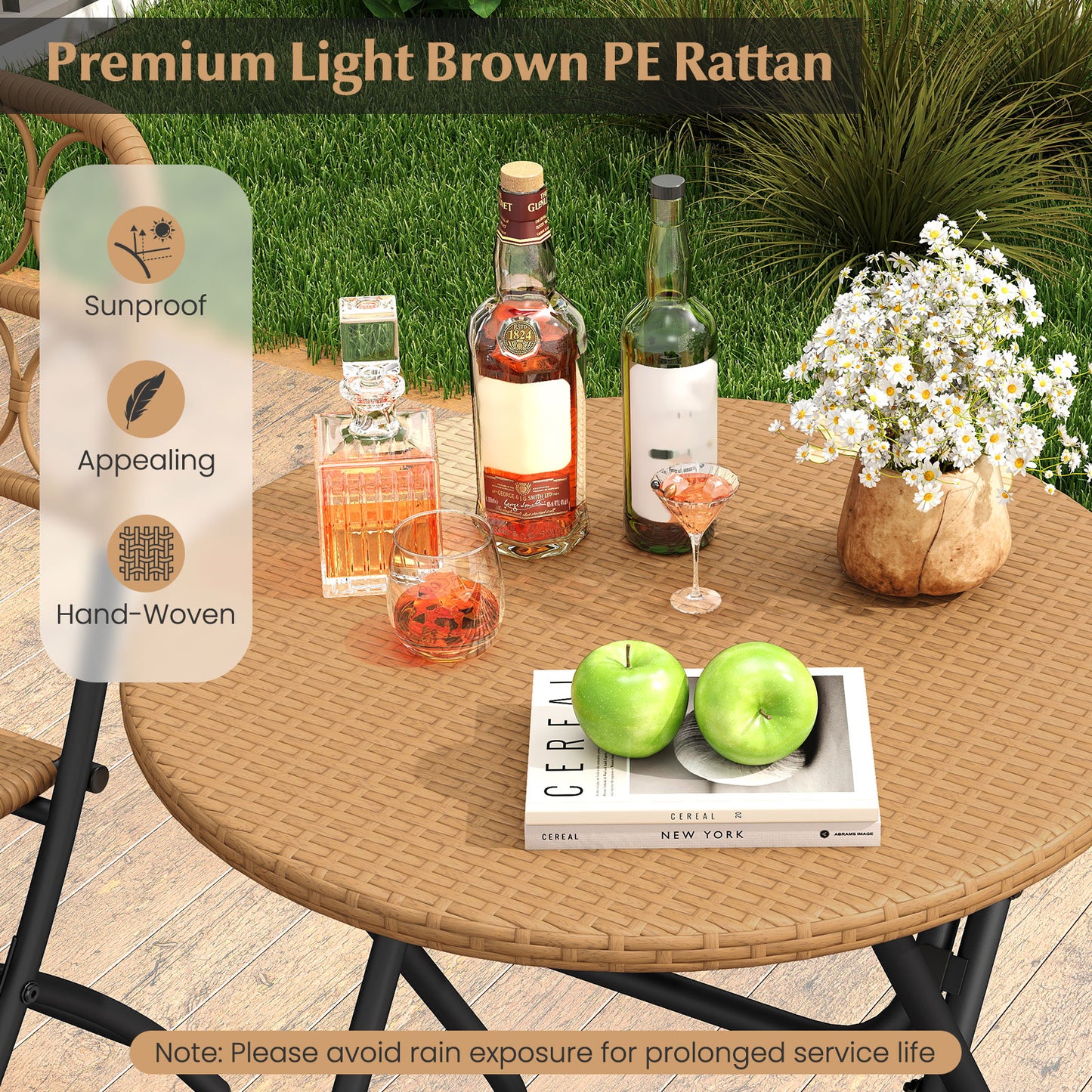 3 Piece Patio Bistro Set Folding Round Table and Chairs with Wicker Seat