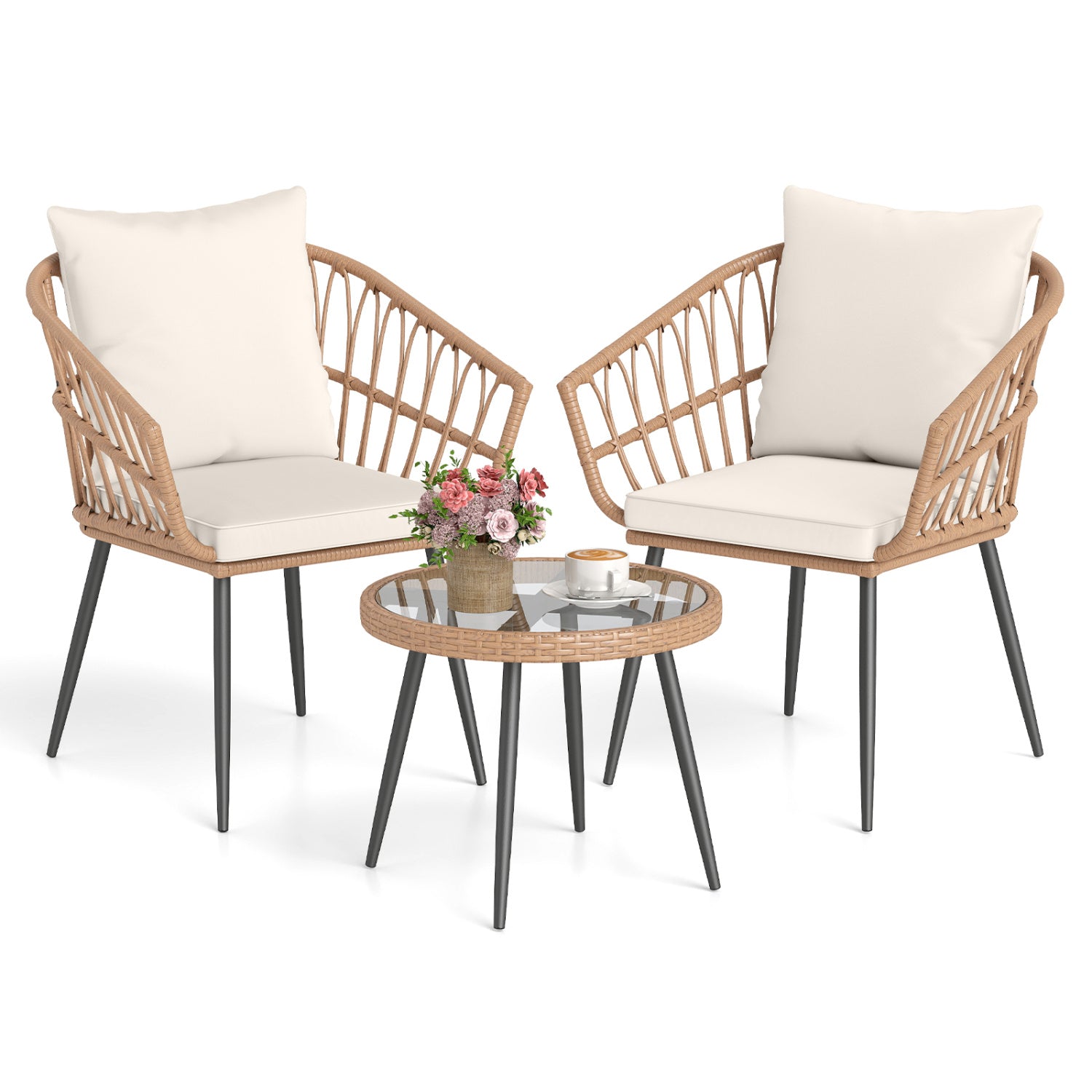 3 Piece Patio Bistro Set with PE Rattan Wicker Chairs and Tempered Glass Coffee Table