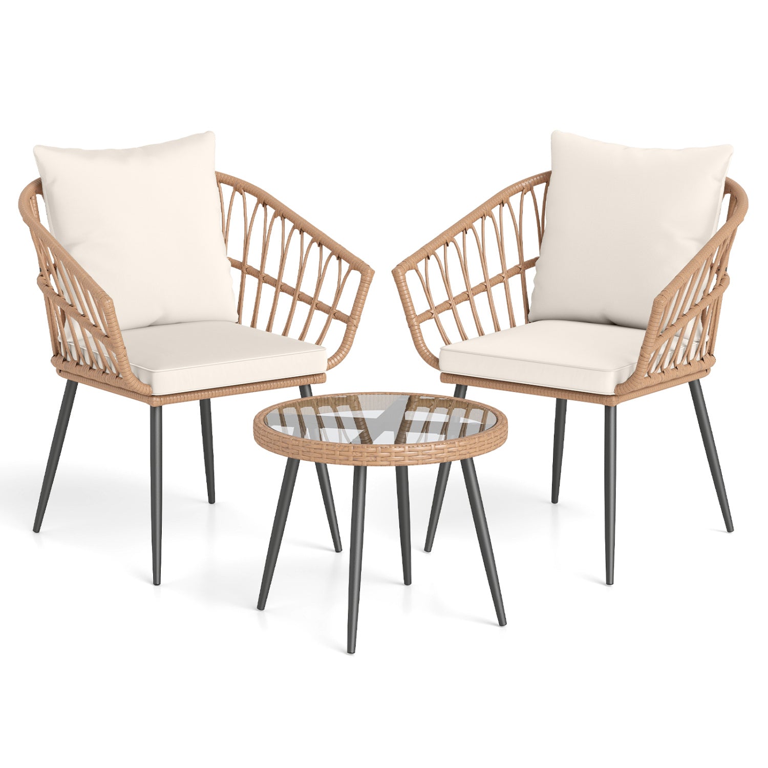 3 Piece Patio Bistro Set with PE Rattan Wicker Chairs and Tempered Glass Coffee Table
