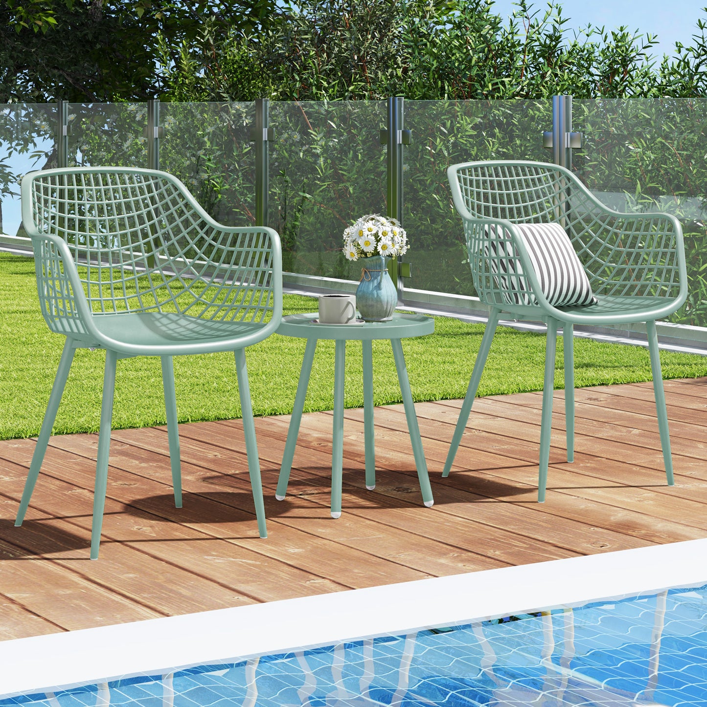 3 Piece Patio Chair Set with PP Seat and Tabletop for Porch-Green