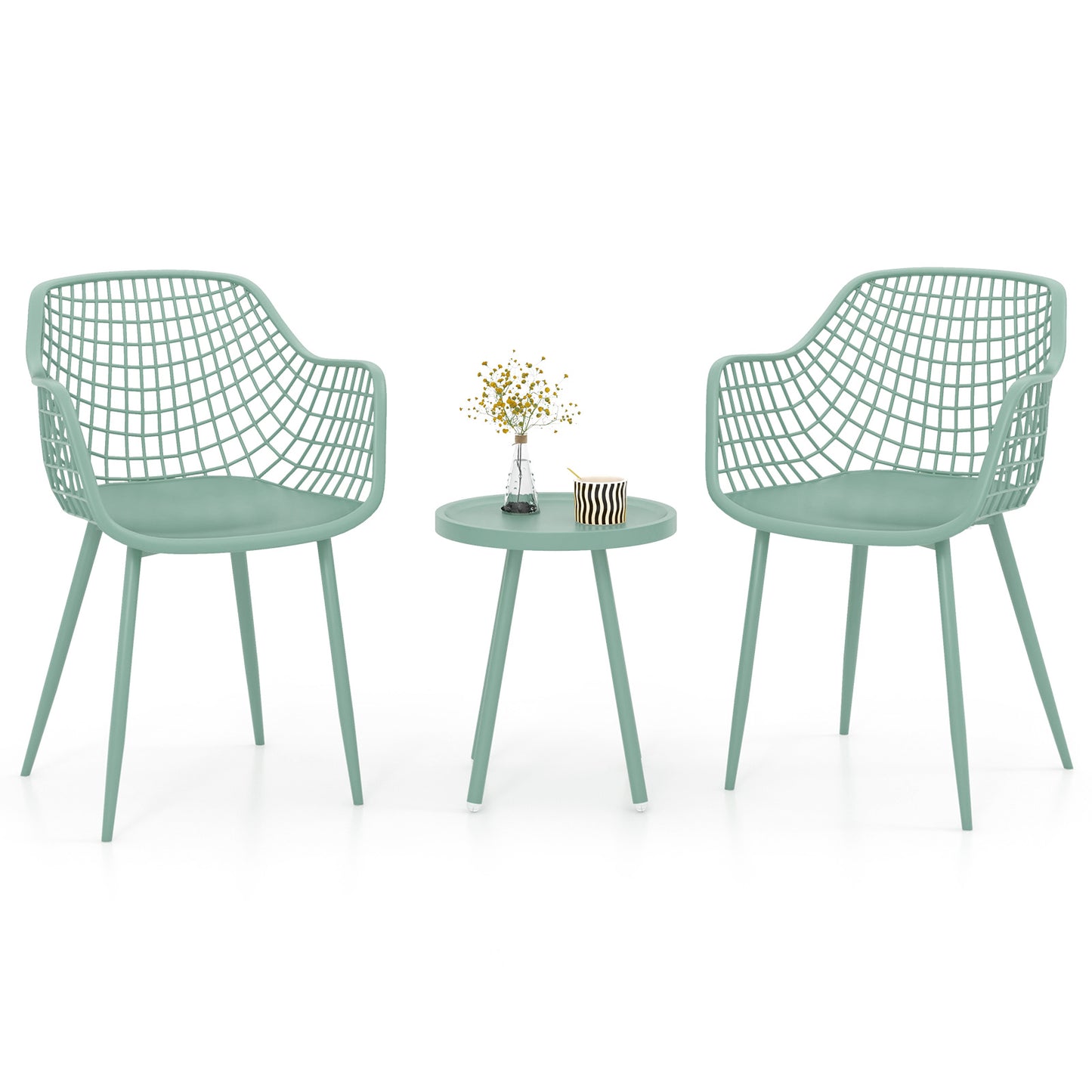 3 Piece Patio Chair Set with PP Seat and Tabletop for Porch-Green