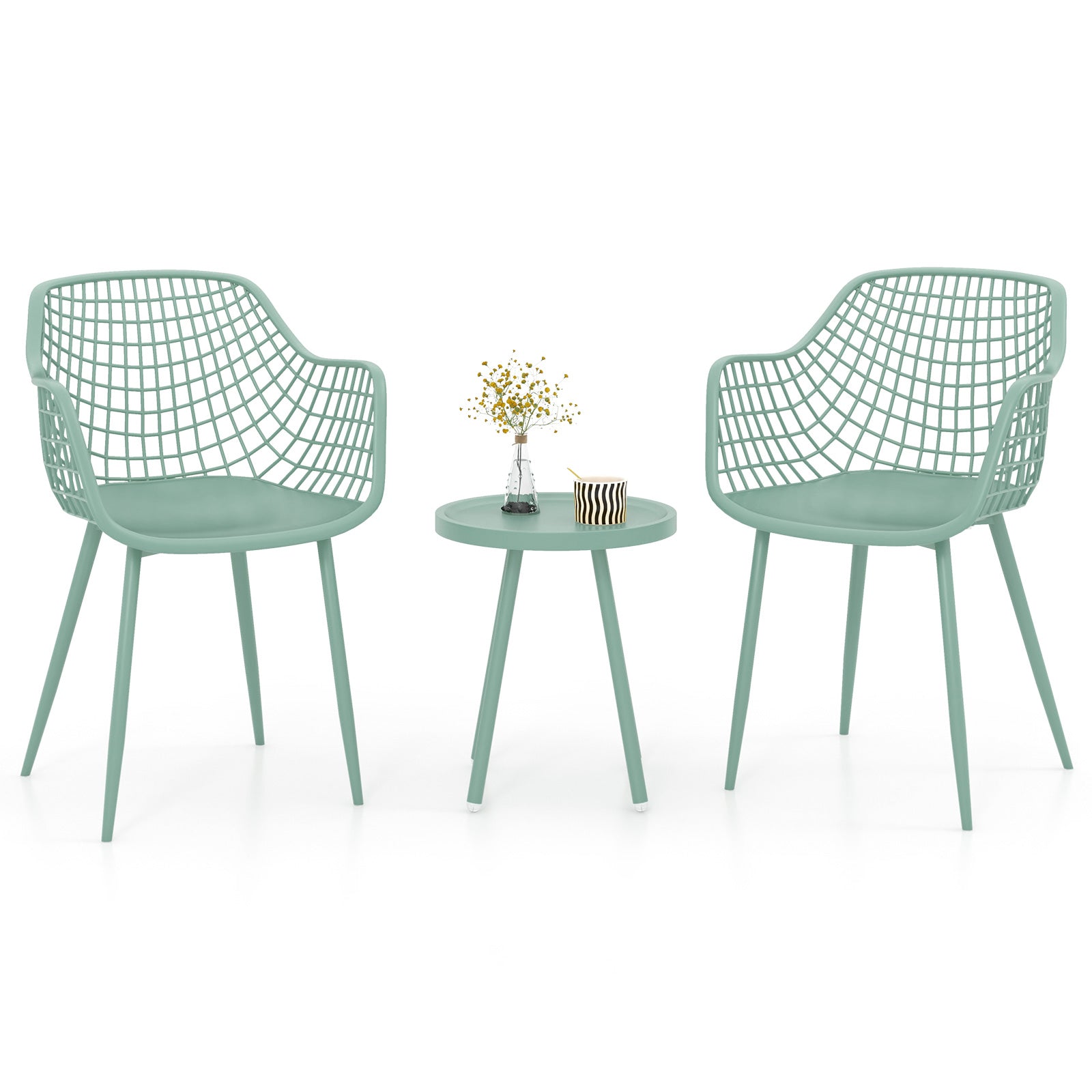 3 Piece Patio Chair Set with PP Seat and Tabletop for Porch-Green