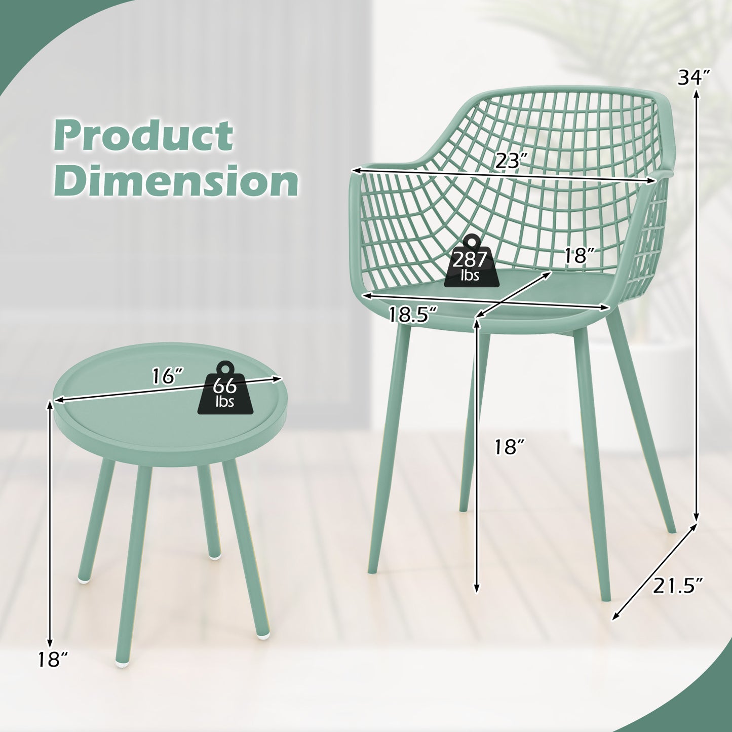 3 Piece Patio Chair Set with PP Seat and Tabletop for Porch-Green