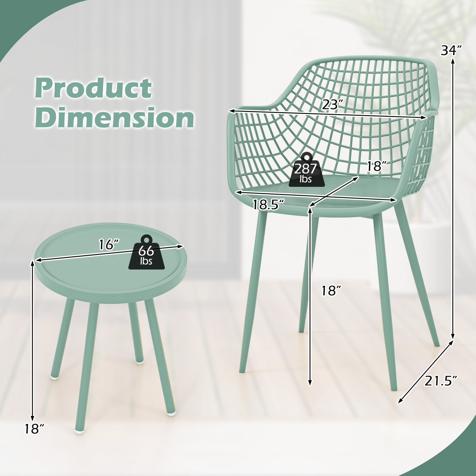 3 Piece Patio Chair Set with PP Seat and Tabletop for Porch-Green