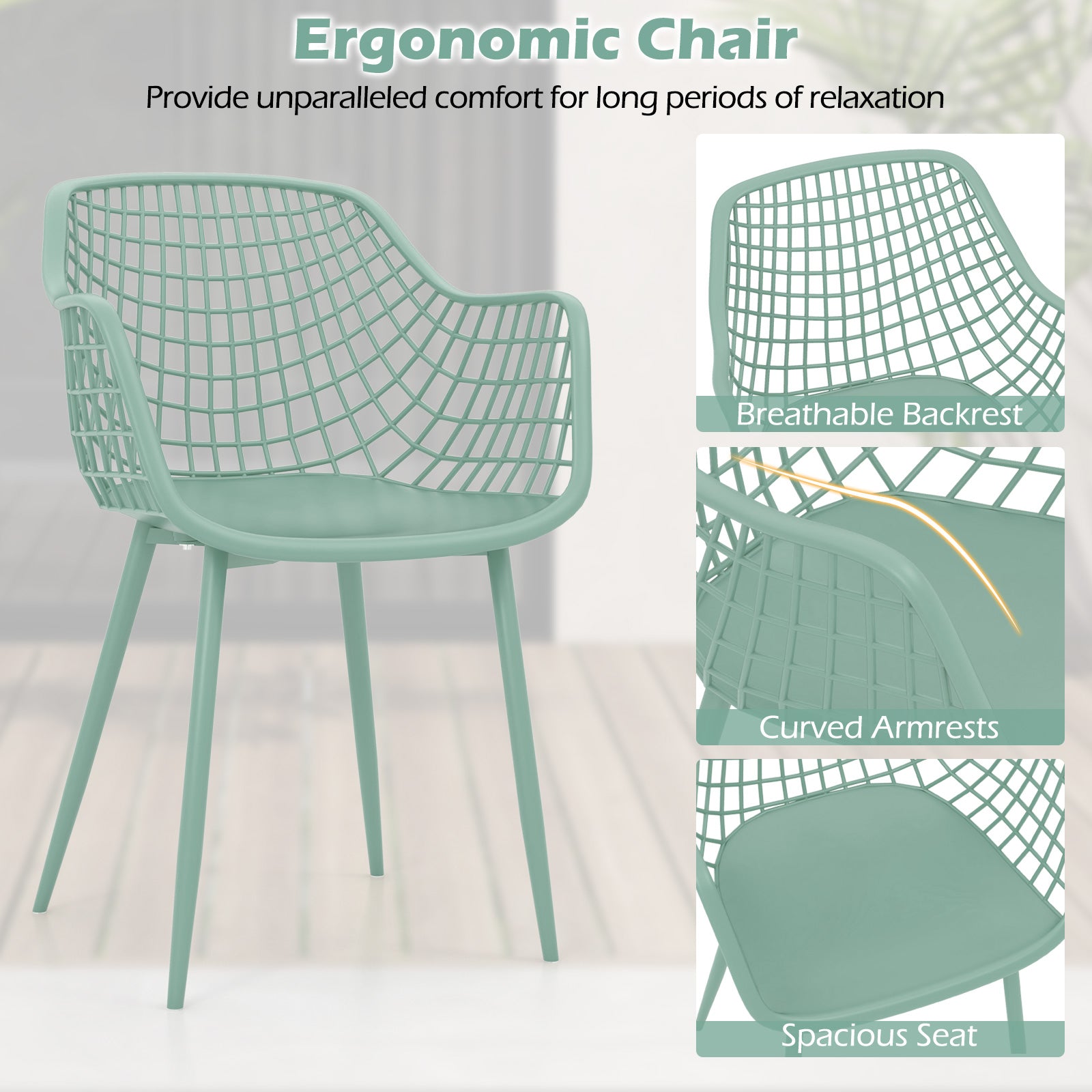 3 Piece Patio Chair Set with PP Seat and Tabletop for Porch-Green