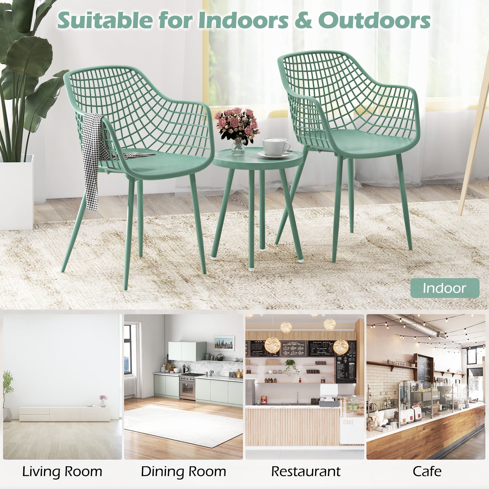 3 Piece Patio Chair Set with PP Seat and Tabletop for Porch-Green