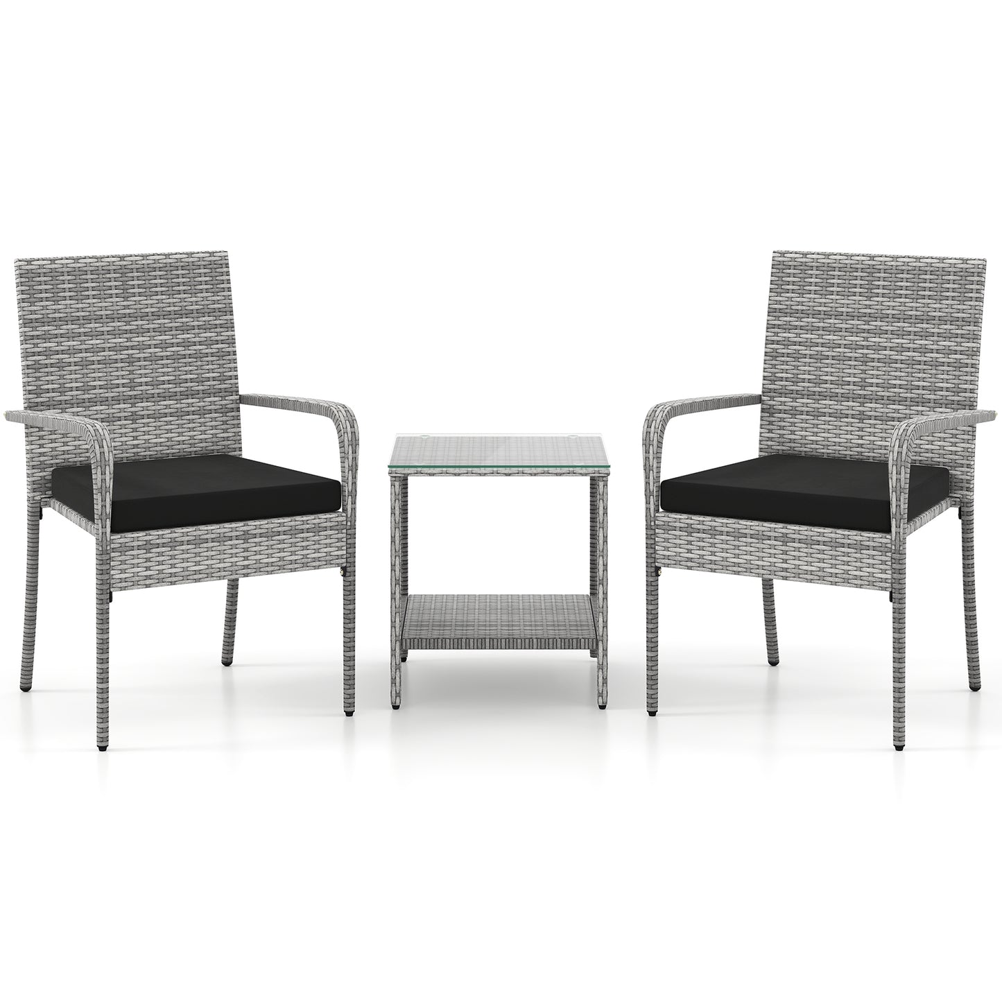 3 Piece Patio Furniture Set with Seat Cushions and Tempered Glass Tabletop for Balcony-Black