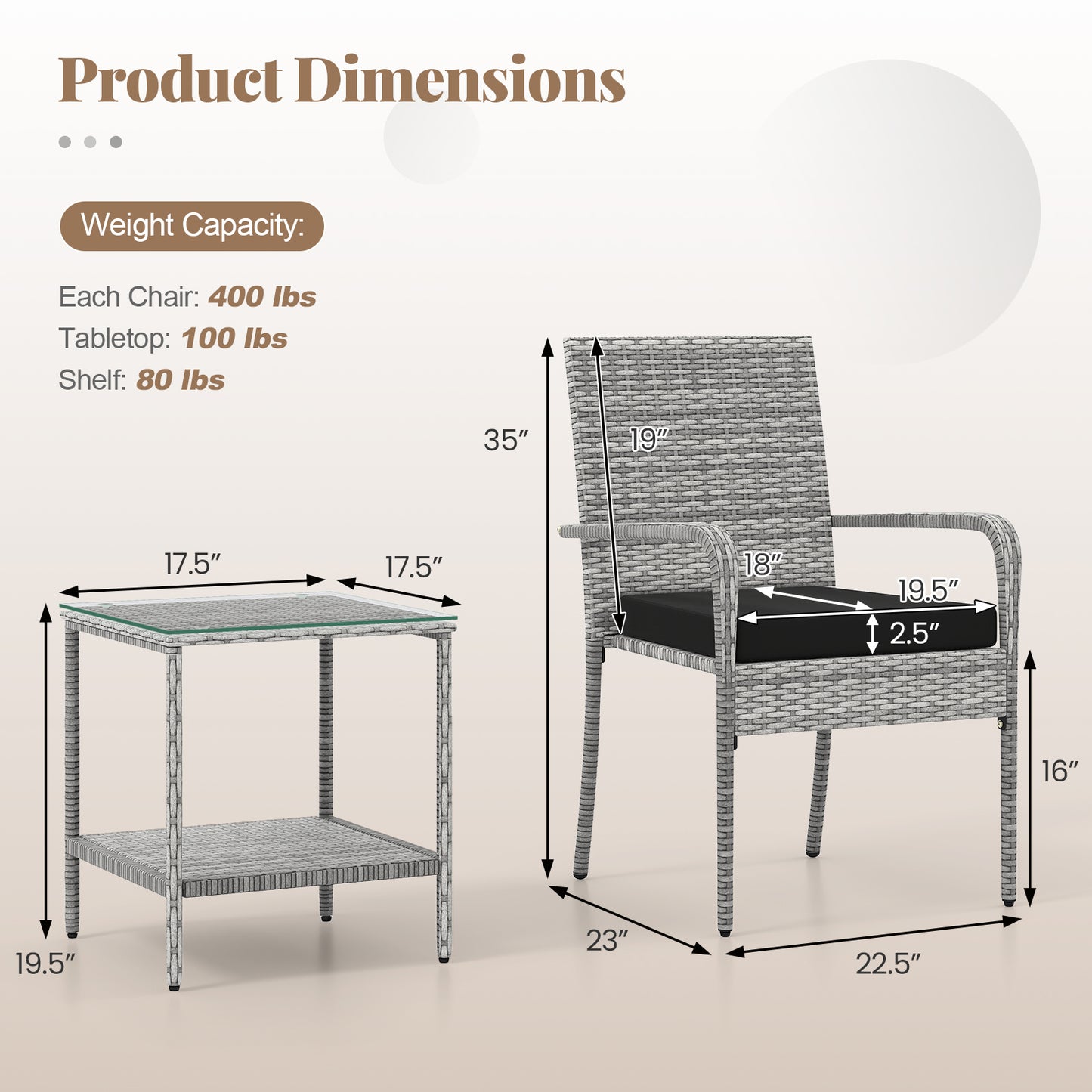 3 Piece Patio Furniture Set with Seat Cushions and Tempered Glass Tabletop for Balcony-Black
