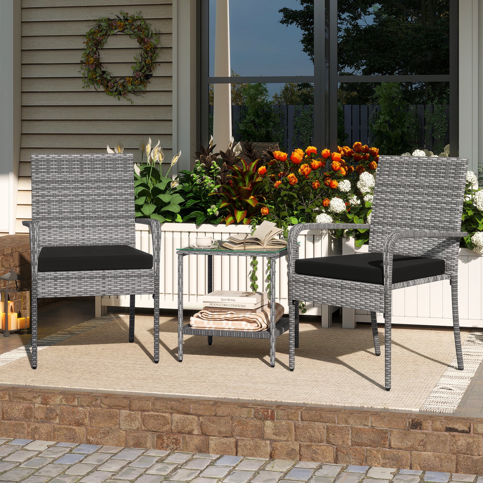 3 Piece Patio Furniture Set with Seat Cushions and Tempered Glass Tabletop for Balcony-Black