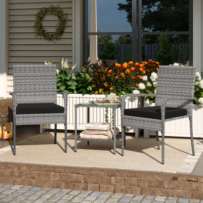 3 Piece Patio Furniture Set with Seat Cushions and Tempered Glass Tabletop for Balcony-Black