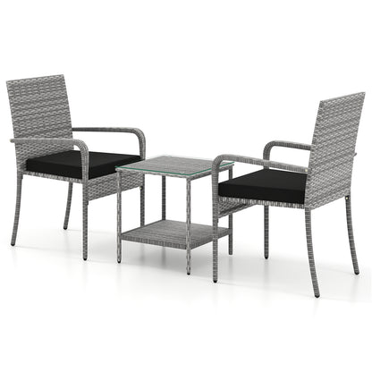 3 Piece Patio Furniture Set with Seat Cushions and Tempered Glass Tabletop for Balcony-Black