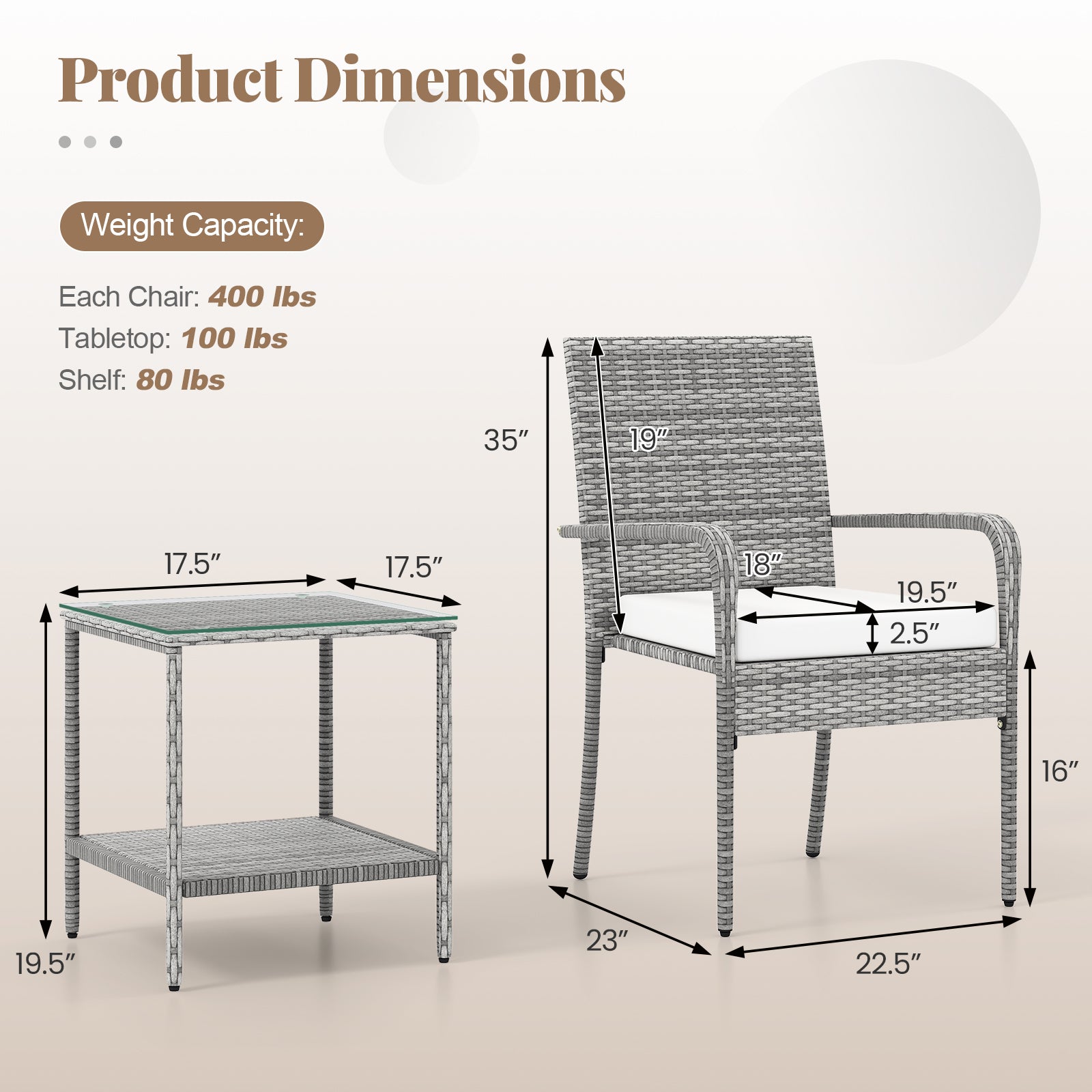 3 Piece Patio Furniture Set with Seat Cushions and Tempered Glass Tabletop for Balcony-White