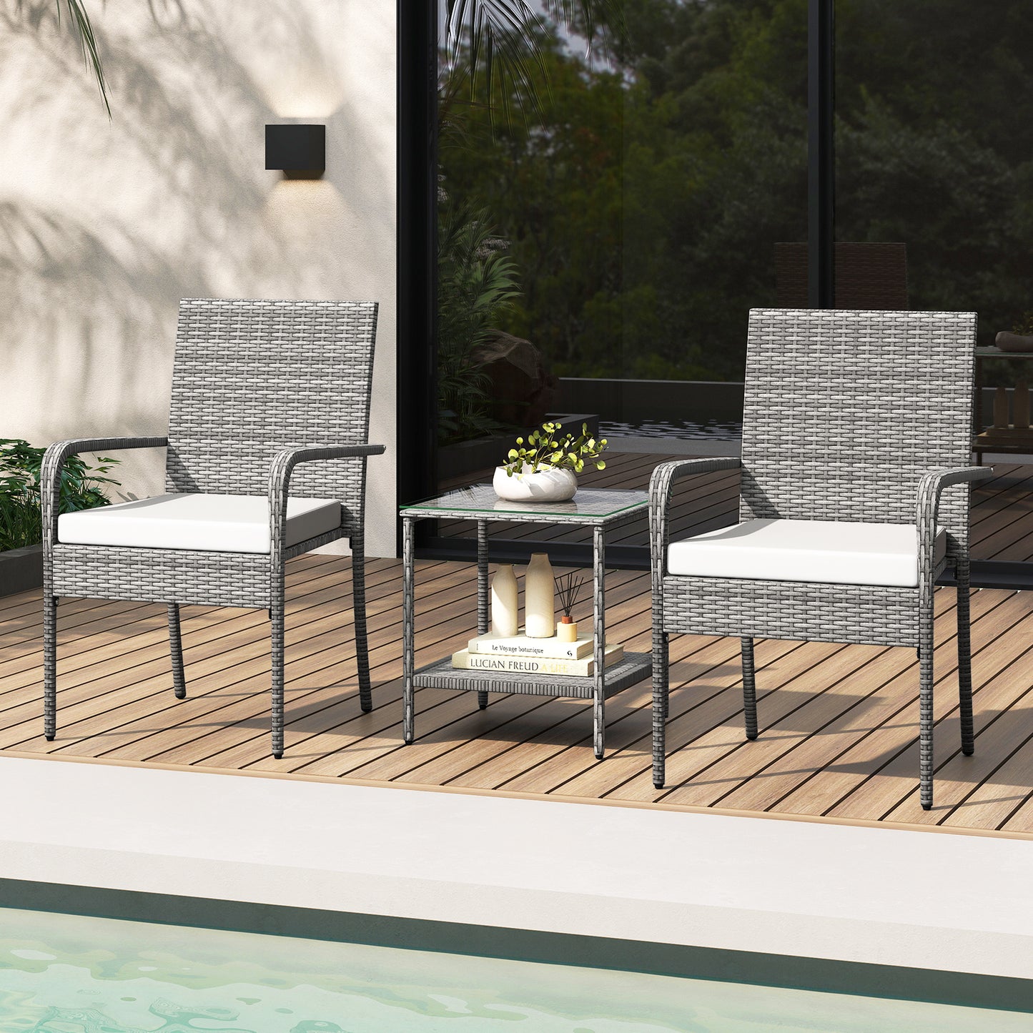 3 Piece Patio Furniture Set with Seat Cushions and Tempered Glass Tabletop for Balcony-White