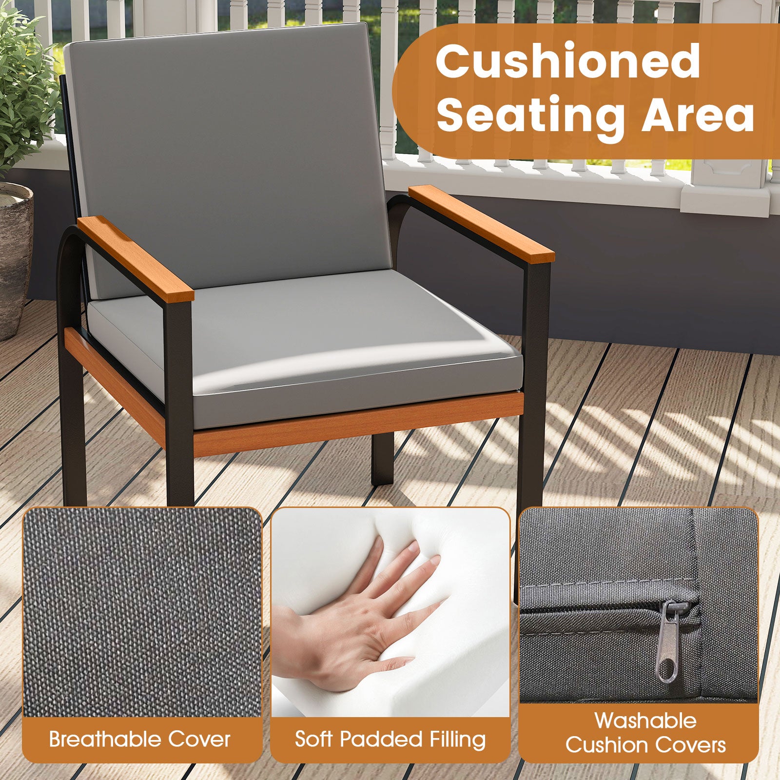 3 Piece Patio Furniture Set Outdoor Conversation Set with Coffee Table-Grey