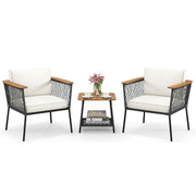 3 Piece Patio Furniture Set Rattan Chair Set with 2-Tier Coffee Table-White