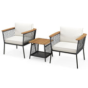 3 Piece Patio Furniture Set Rattan Chair Set with 2-Tier Coffee Table-White