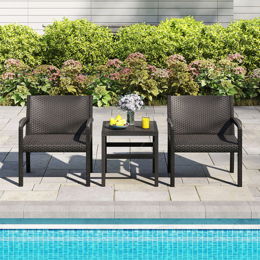 3 Piece Patio Furniture Set with 2 Modern Rattan Armchair and 25 Inch Squire Side Table-Black