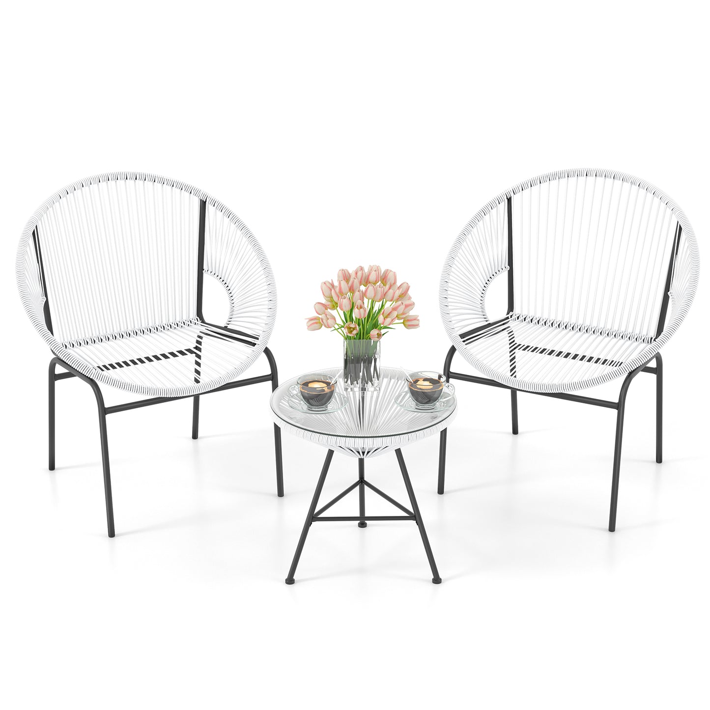 3 Pieces Patio Acapulco Furniture Bistro Set with Glass Table-Gray - White