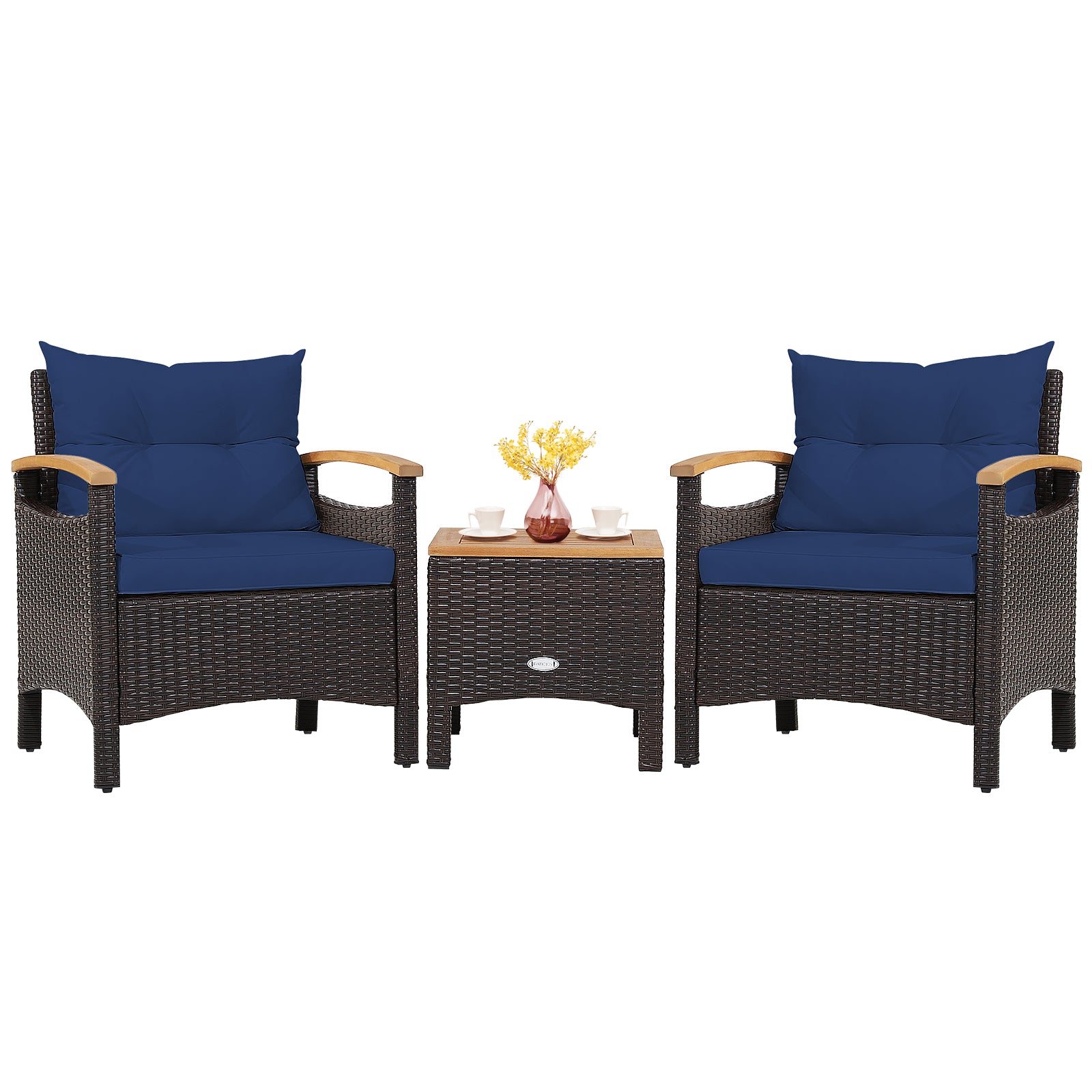 3 Pieces Patio Rattan Furniture Set with Removable Cushions-Beige - Navy
