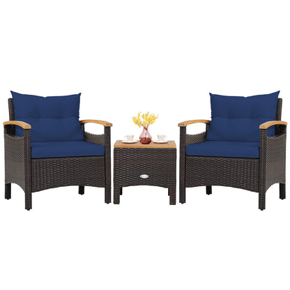 3 Pieces Patio Rattan Furniture Set with Removable Cushions-Beige - Navy
